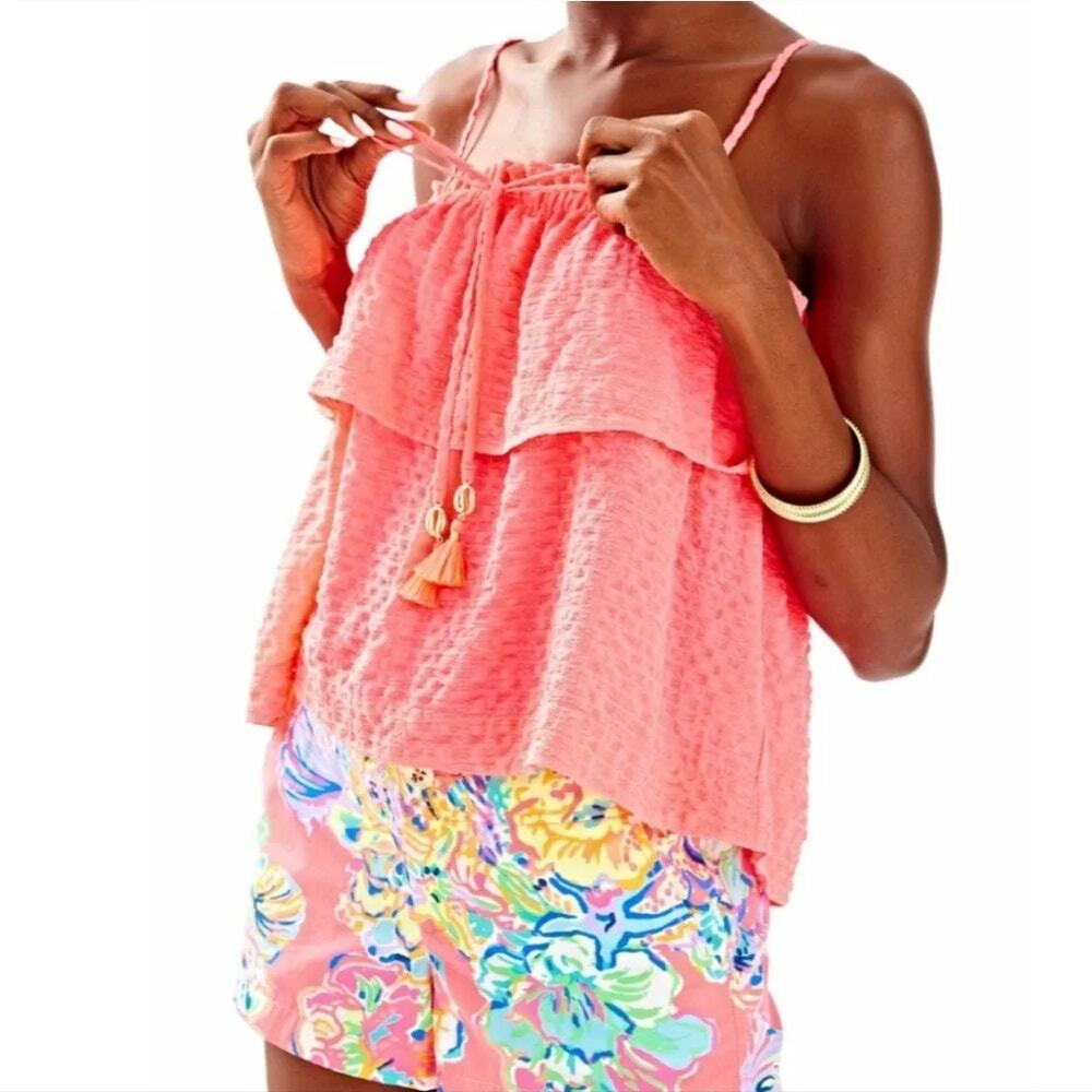 Lilly Pulitzer Mays Neon Coral Ruffle Tank Puka Shell Tassel Vacation Top XS - Picture 13 of 13